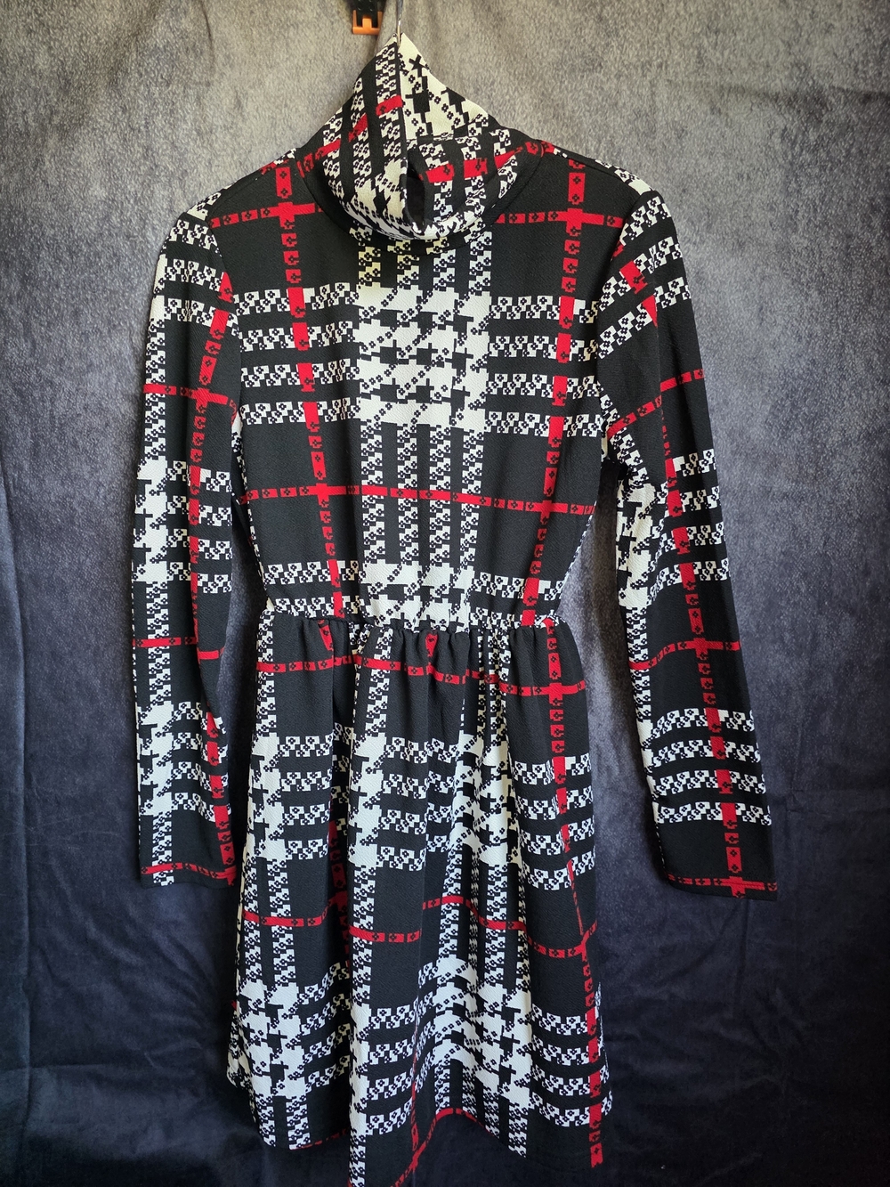 SHEIN Black, White & Red Plaid Turtleneck Fit-and-Flare Dress